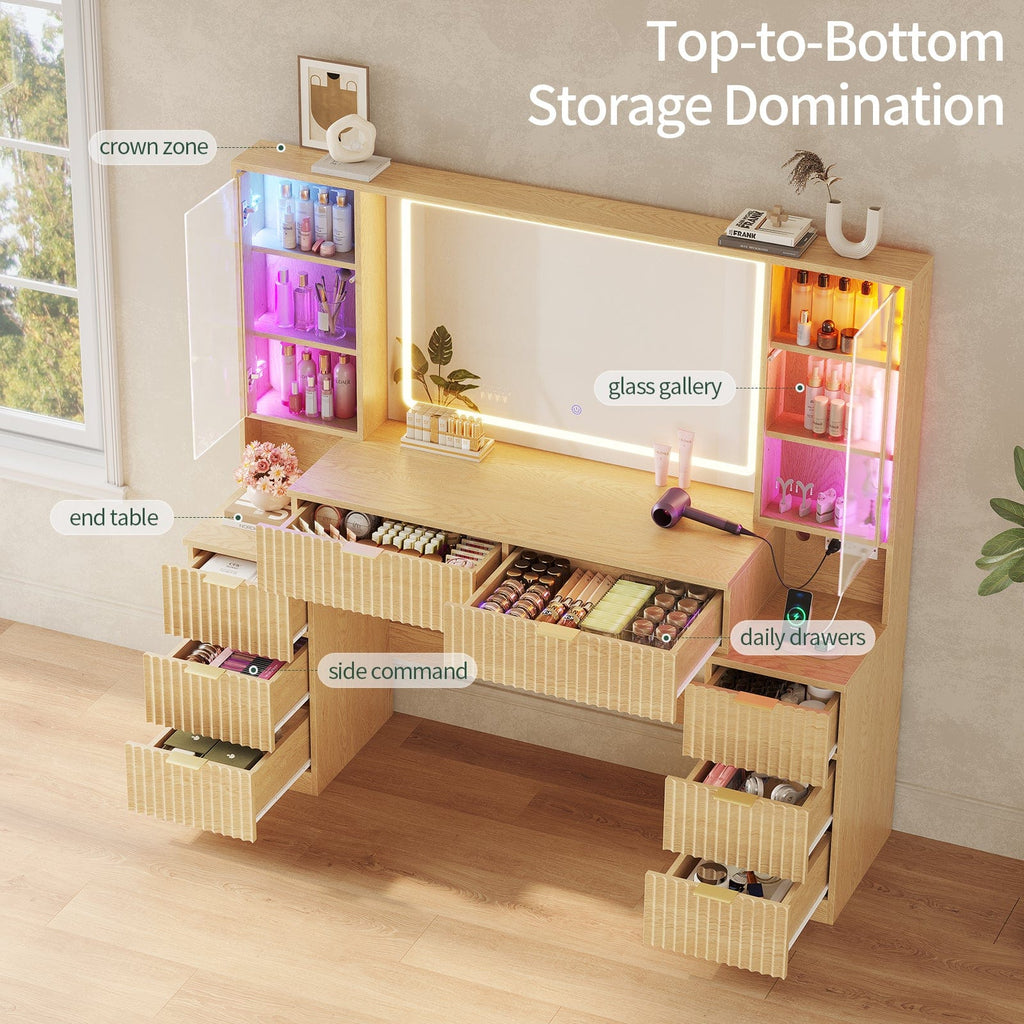 Fluted Makeup Vanity with LED Mirror & Sound Sync Lights Oak