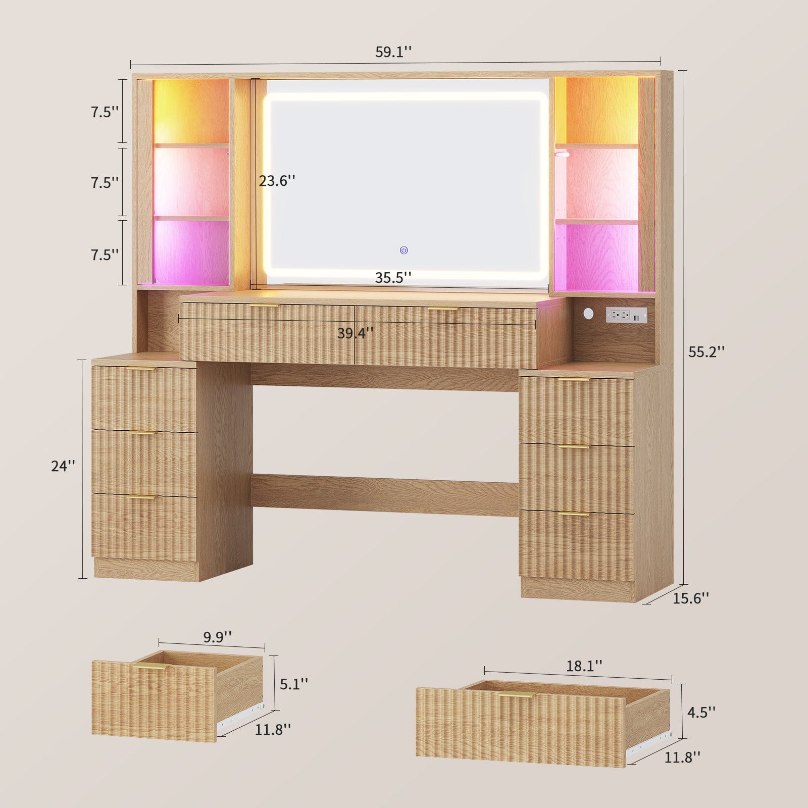 Fluted Makeup Vanity with LED Mirror & Sound Sync Lights Oak