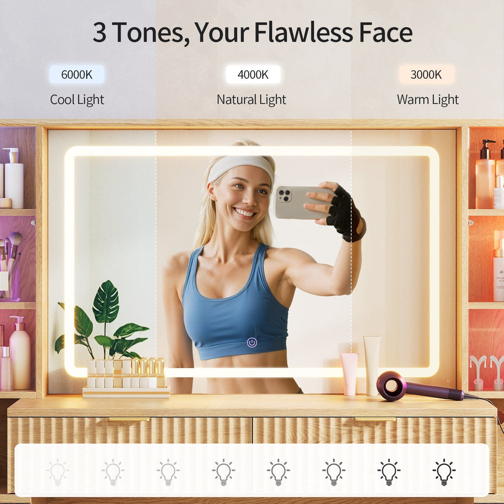 Fluted Makeup Vanity with LED Mirror & Sound Sync Lights Oak