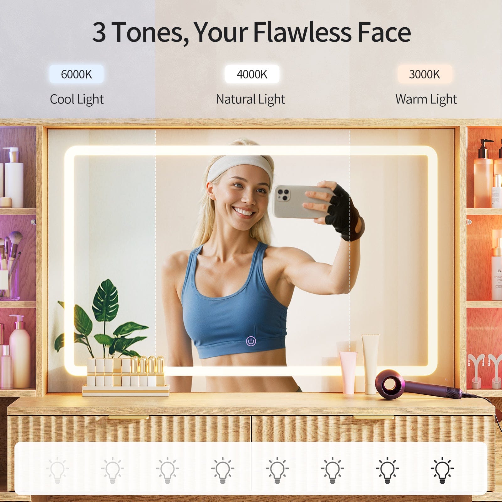 Fluted Makeup Vanity with LED Mirror & Sound Sync Lights Oak