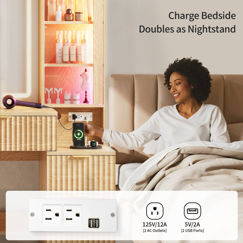 Fluted Makeup Vanity with LED Mirror & Sound Sync Lights Oak