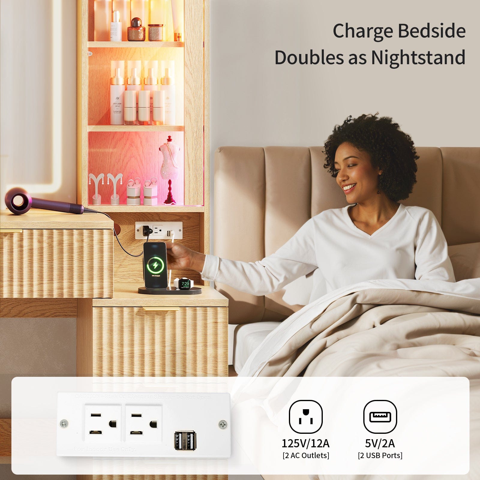 Fluted Makeup Vanity with LED Mirror & Sound Sync Lights Oak