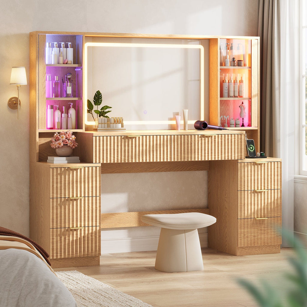 Fluted Makeup Vanity with LED Mirror & Sound Sync Lights Oak