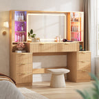 Fluted Makeup Vanity with LED Mirror & Sound Sync Lights Oak