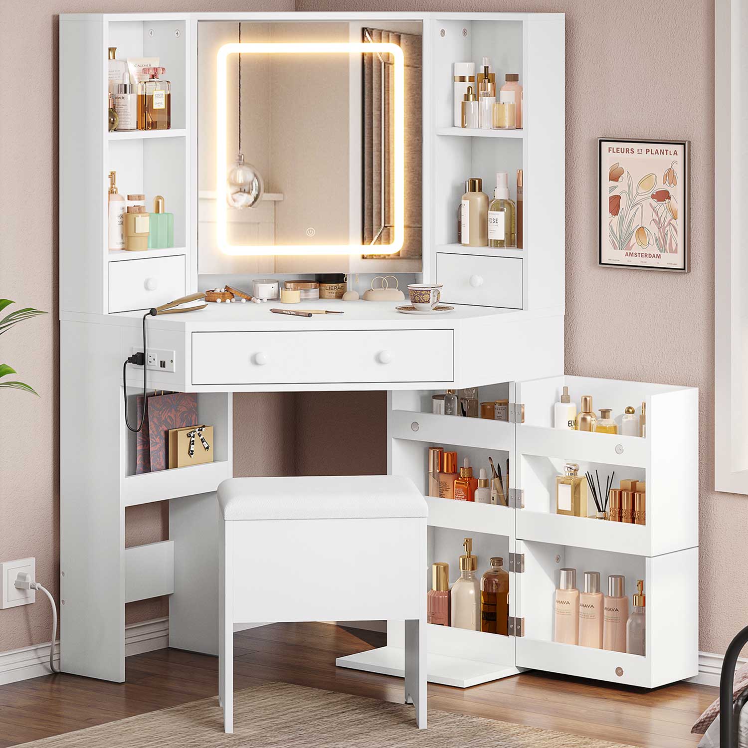 Corner LED Makeup Vanity Table White