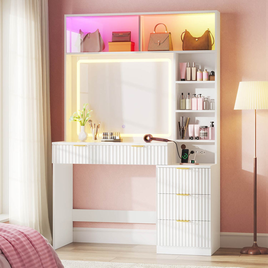 Fluted Makeup Vanity with Sync Music LED Lights and Glass Top White