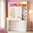 Fluted Makeup Vanity with Sync Music LED Lights and Glass Top White