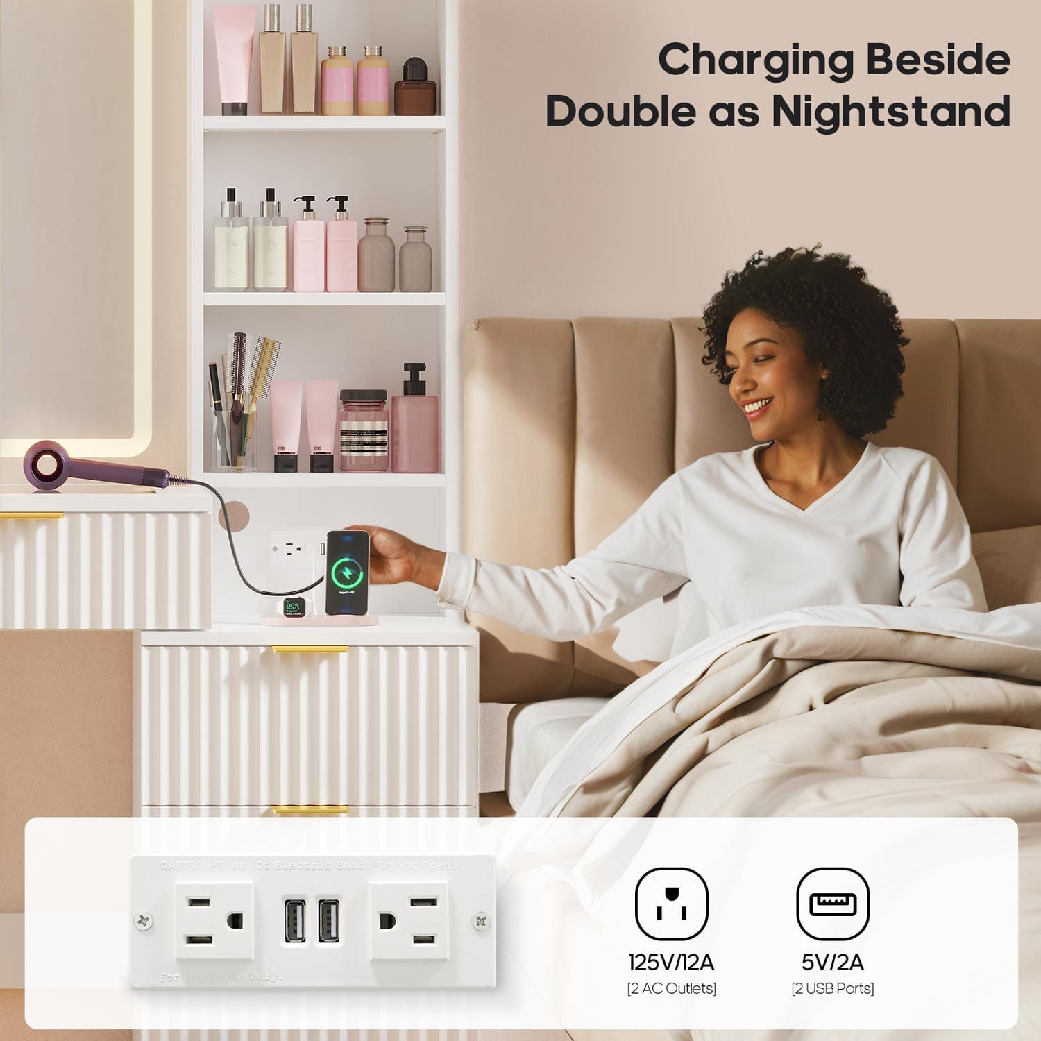 Fluted Makeup Vanity with Sync Music LED Lights and Glass Top White