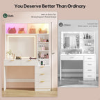 Fluted Makeup Vanity with Sync Music LED Lights and Glass Top White