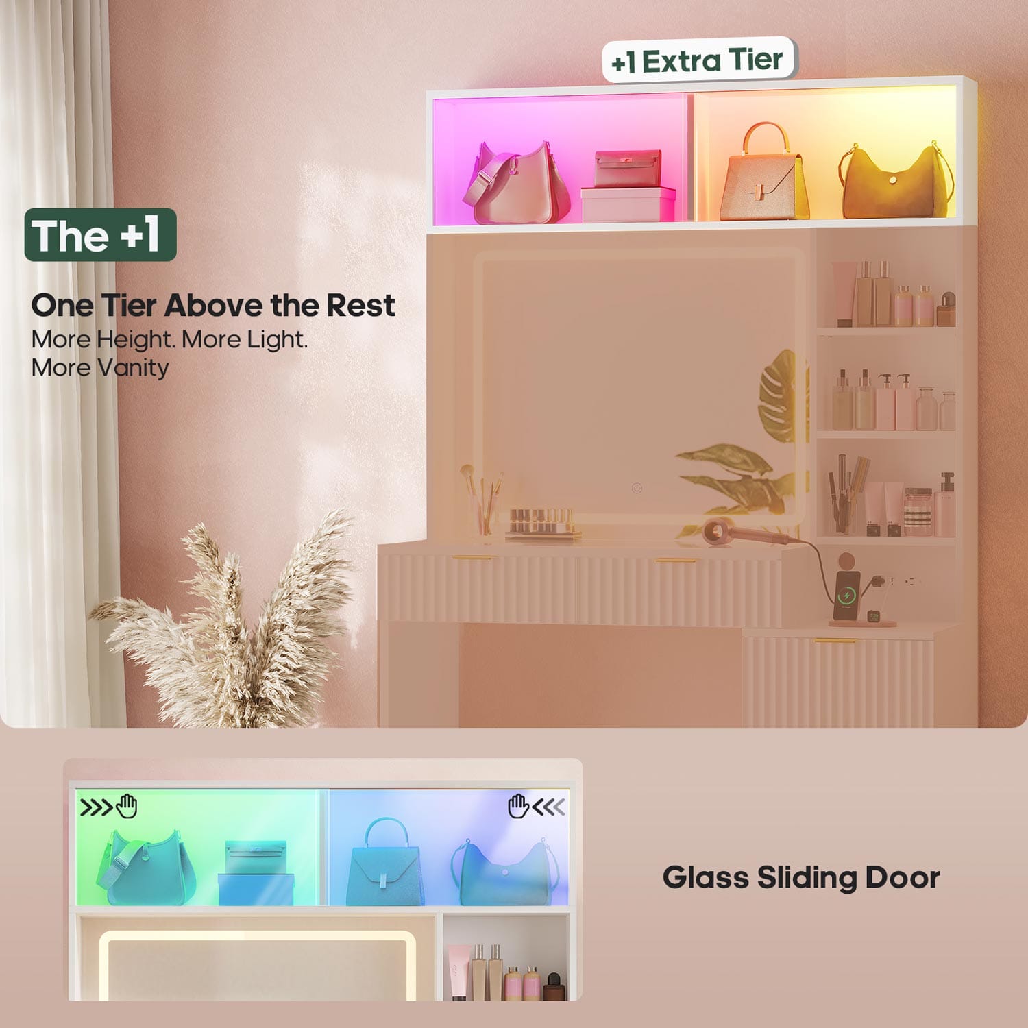 Fluted Makeup Vanity with Sync Music LED Lights and Glass Top White