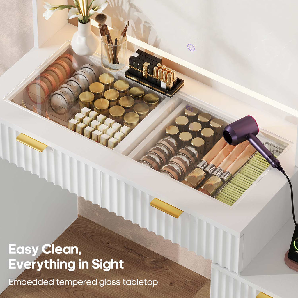 Fluted Makeup Vanity with Sync Music LED Lights and Glass Top White