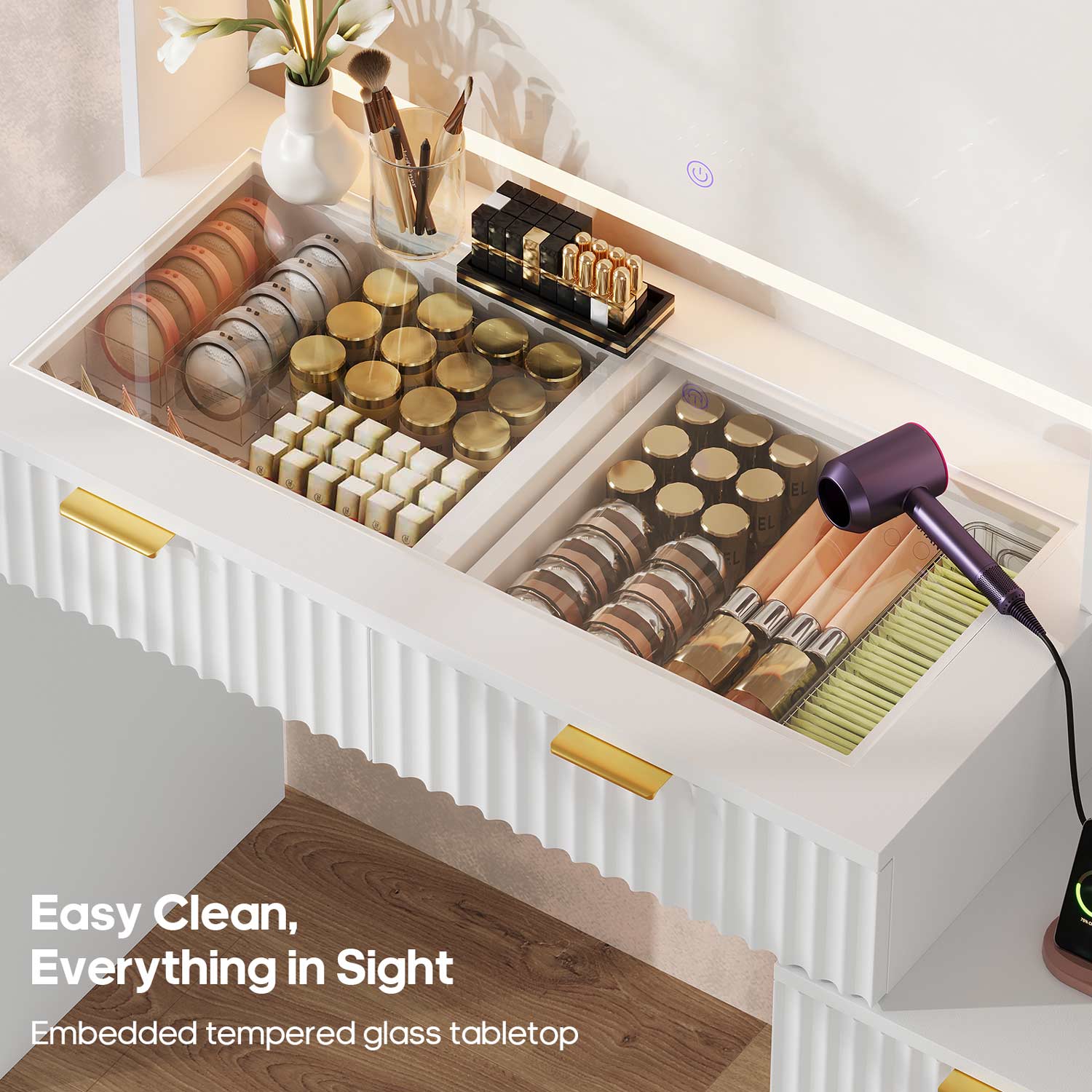 Fluted Makeup Vanity with Sync Music LED Lights and Glass Top White