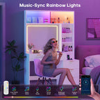 Fluted Makeup Vanity with Sync Music LED Lights and Glass Top White