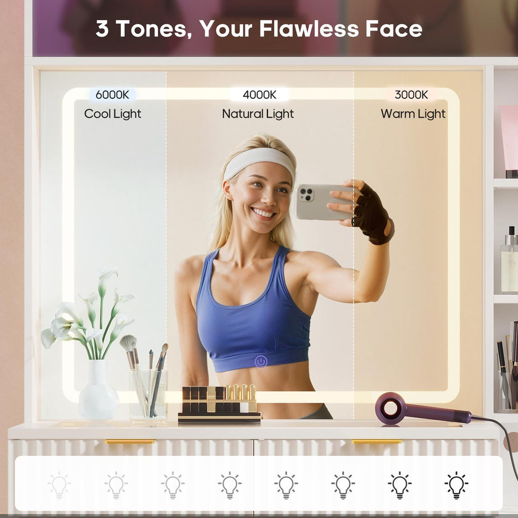 Fluted Makeup Vanity with Sync Music LED Lights and Glass Top White