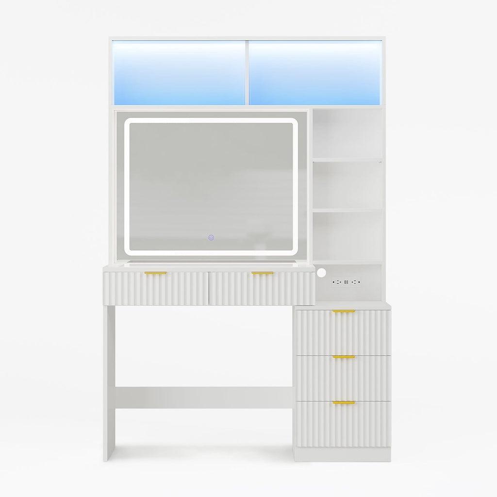 Fluted Makeup Vanity with Sync Music LED Lights and Glass Top White