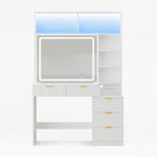 Fluted Makeup Vanity with Sync Music LED Lights and Glass Top White