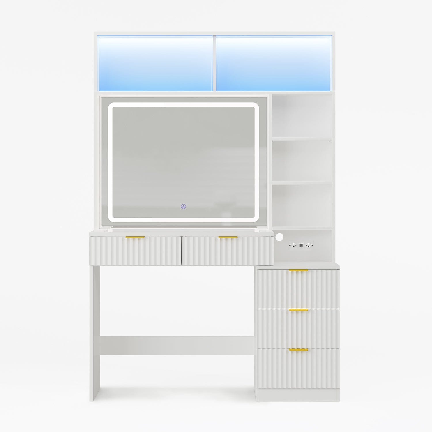 Fluted Makeup Vanity with Sync Music LED Lights and Glass Top White