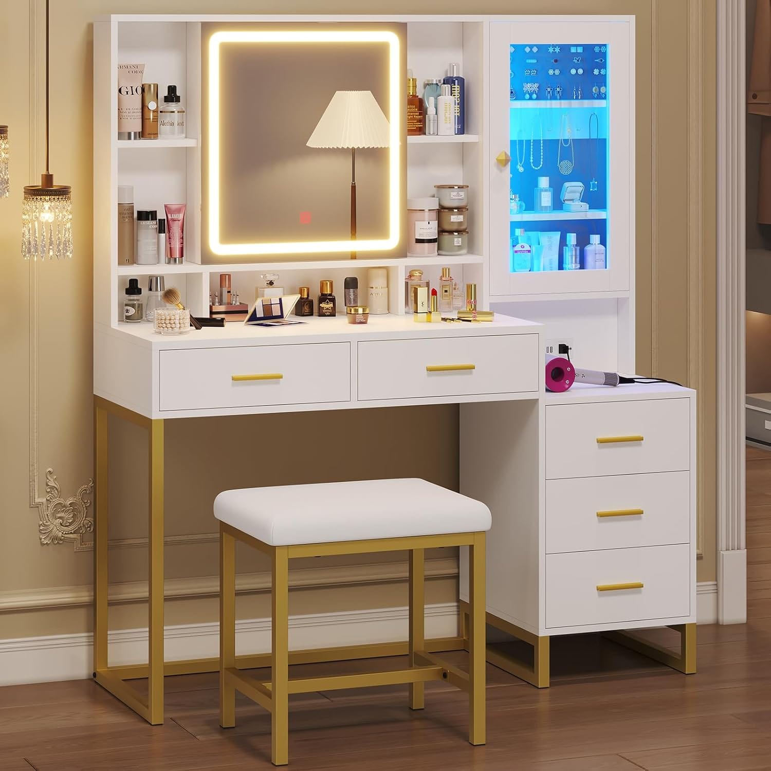 Makeup Vanity with Upholstered Stool White & Gold