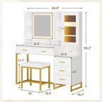 Makeup Vanity with Upholstered Stool White & Gold