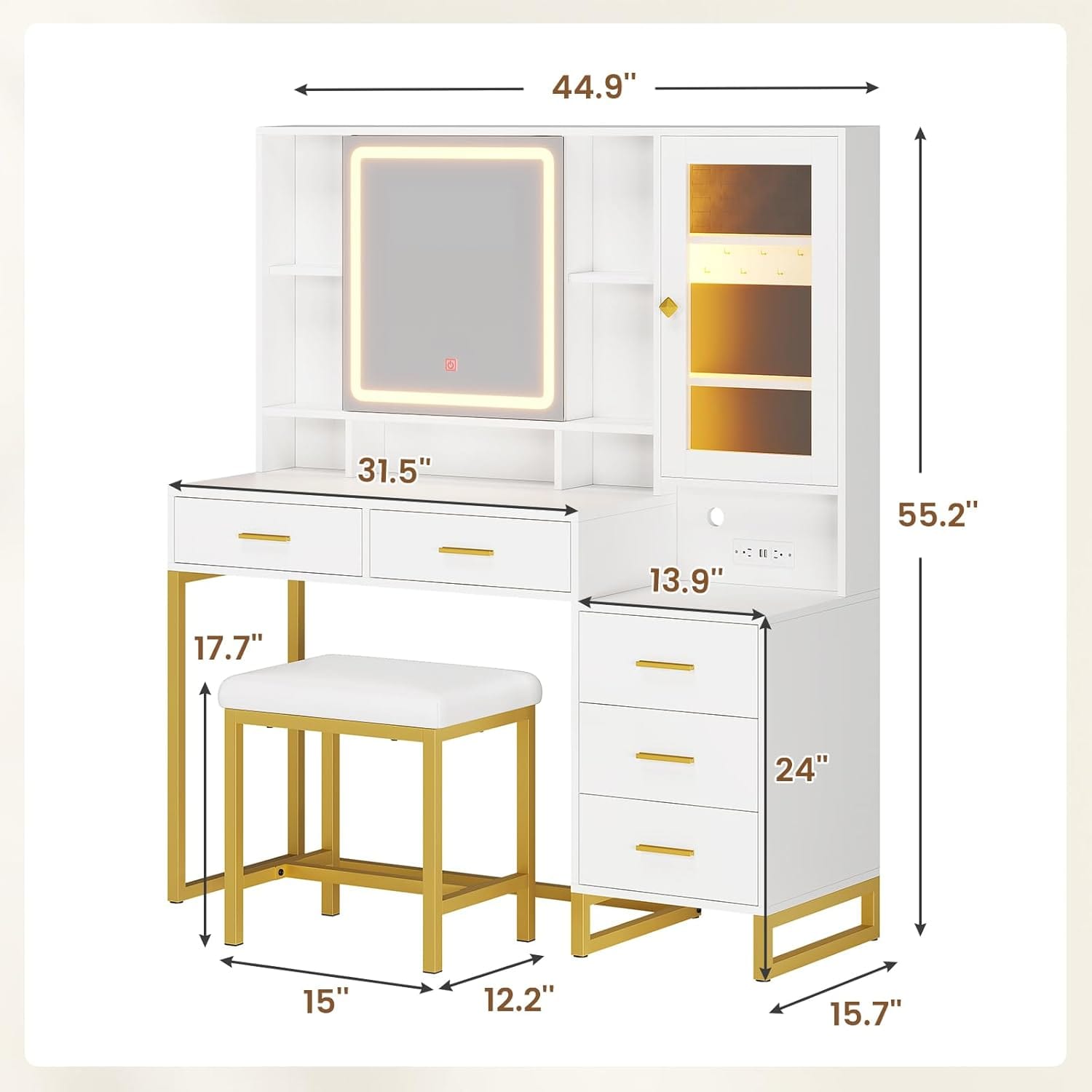 Makeup Vanity with Upholstered Stool White & Gold
