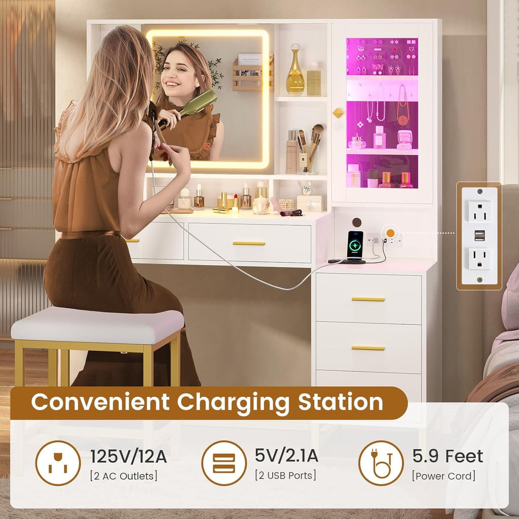 Makeup Vanity with Upholstered Stool White & Gold