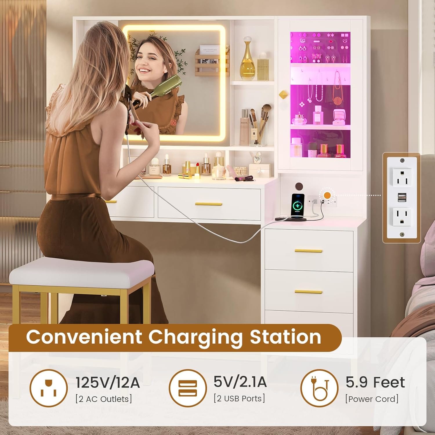 Makeup Vanity with Upholstered Stool White & Gold