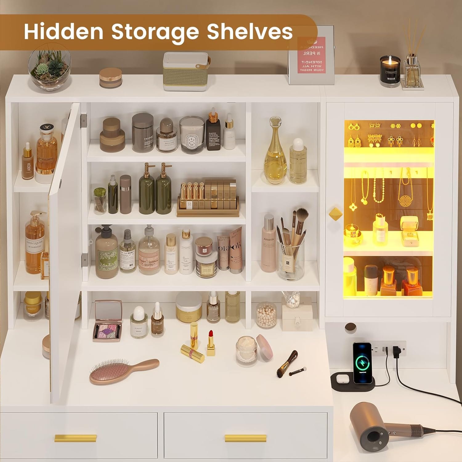 Makeup Vanity with Upholstered Stool White & Gold