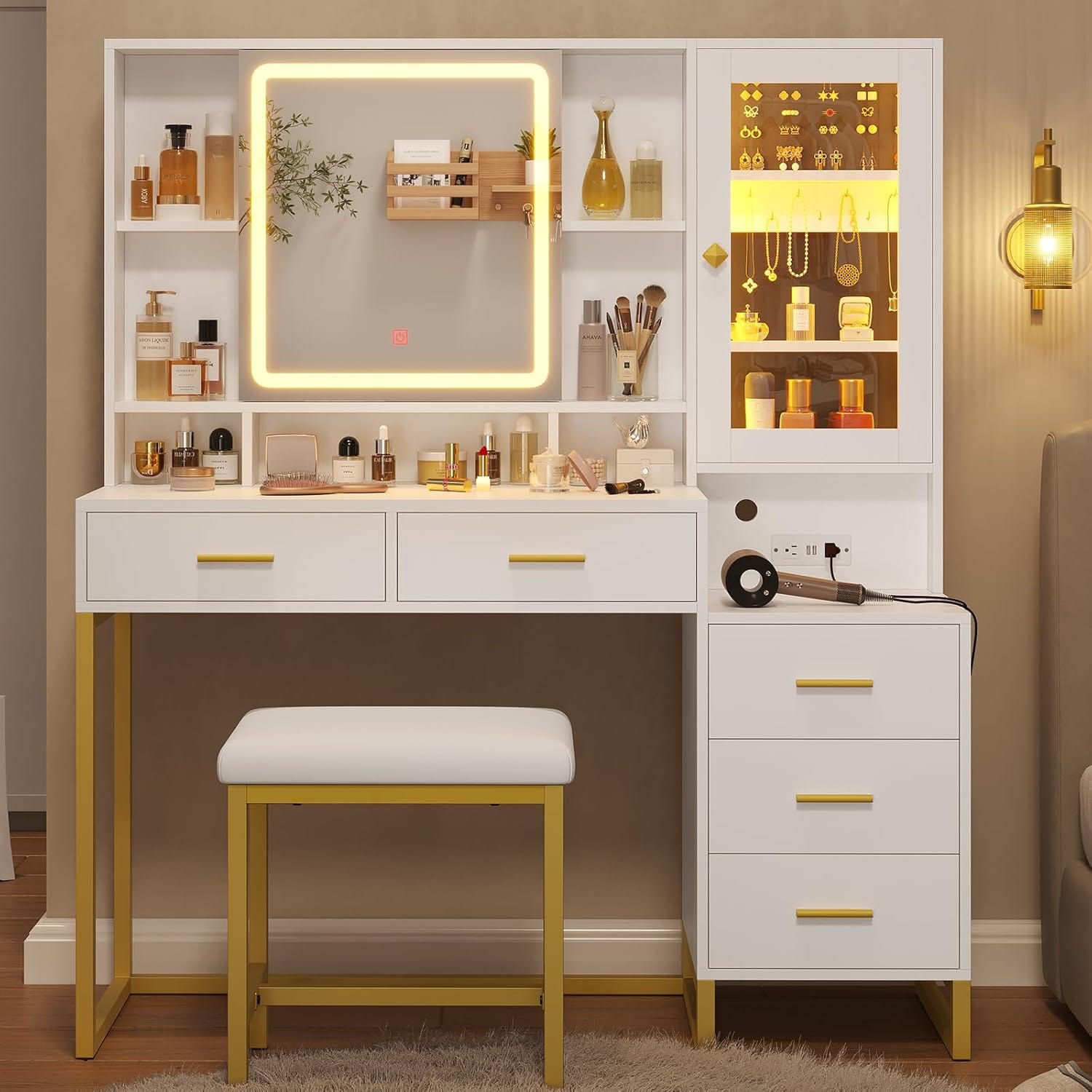 Makeup Vanity with Upholstered Stool White & Gold