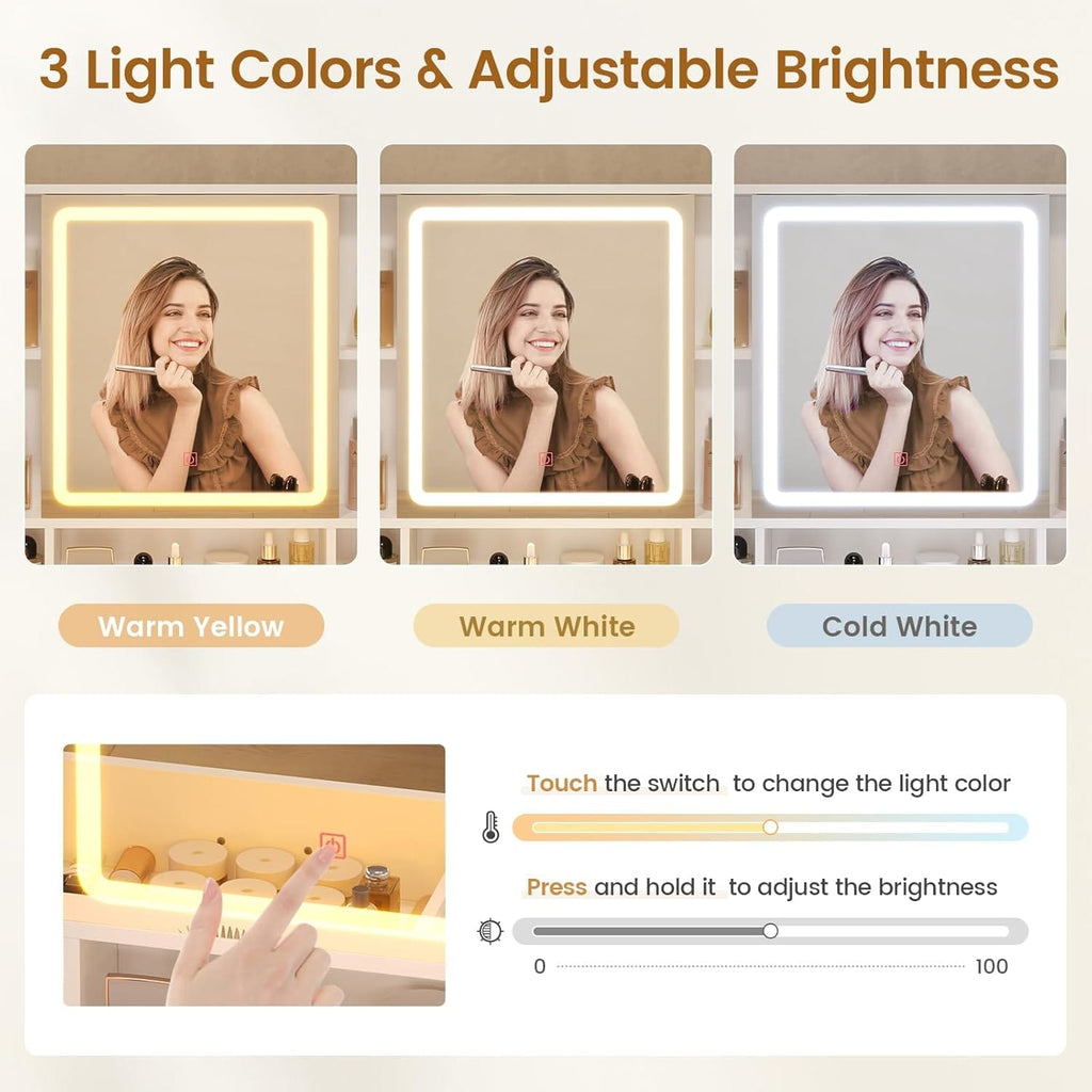 Makeup Vanity with Upholstered Stool White & Gold